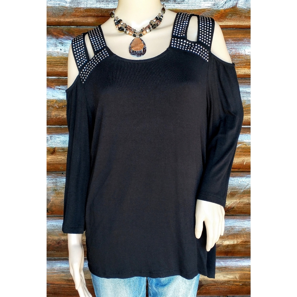Lia Lee Black Top With Embellished Shoulder Straps Size L